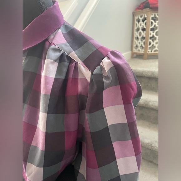 Vintage Blouse Puff Sleeve Plaid Peter Pan Collar Purple Button Down Size M L﻿ - Picture 3 of 8